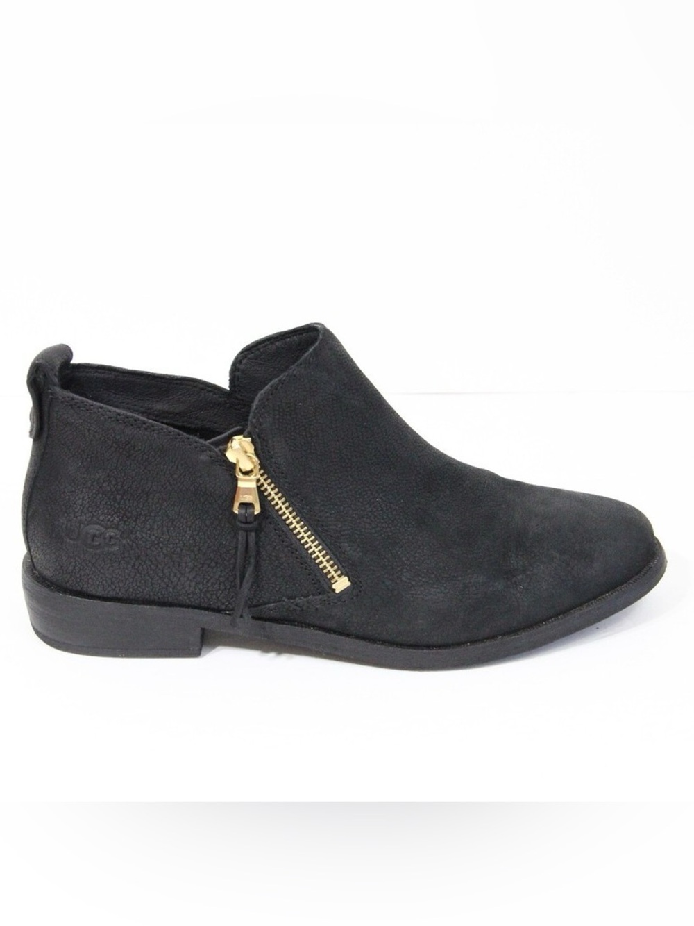 UGG Glee Black Pebble Leather Side-Zip Ankle Bootie with Gold Hardware